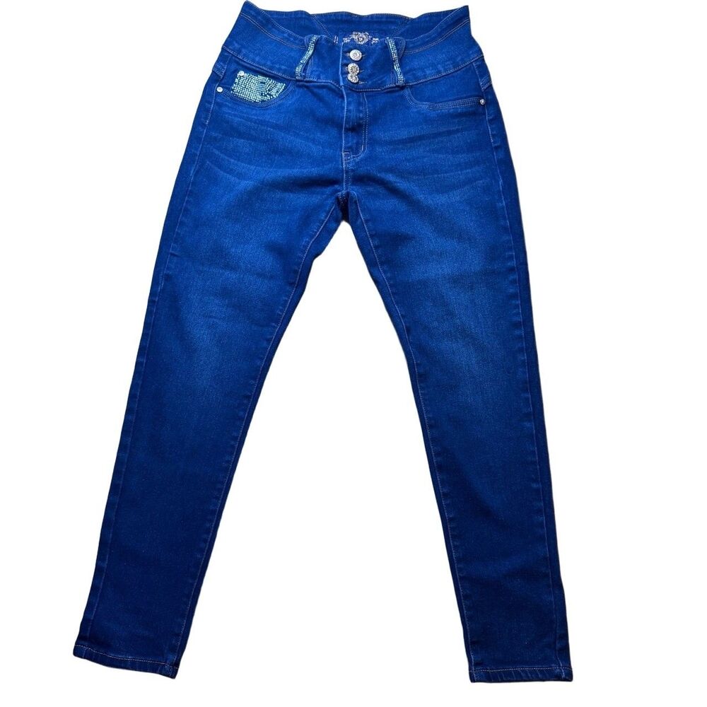 BELLA High Waisted Rhinestone Skinny Jeans Juniors Size 9 Dark Denim Y2K Glam
